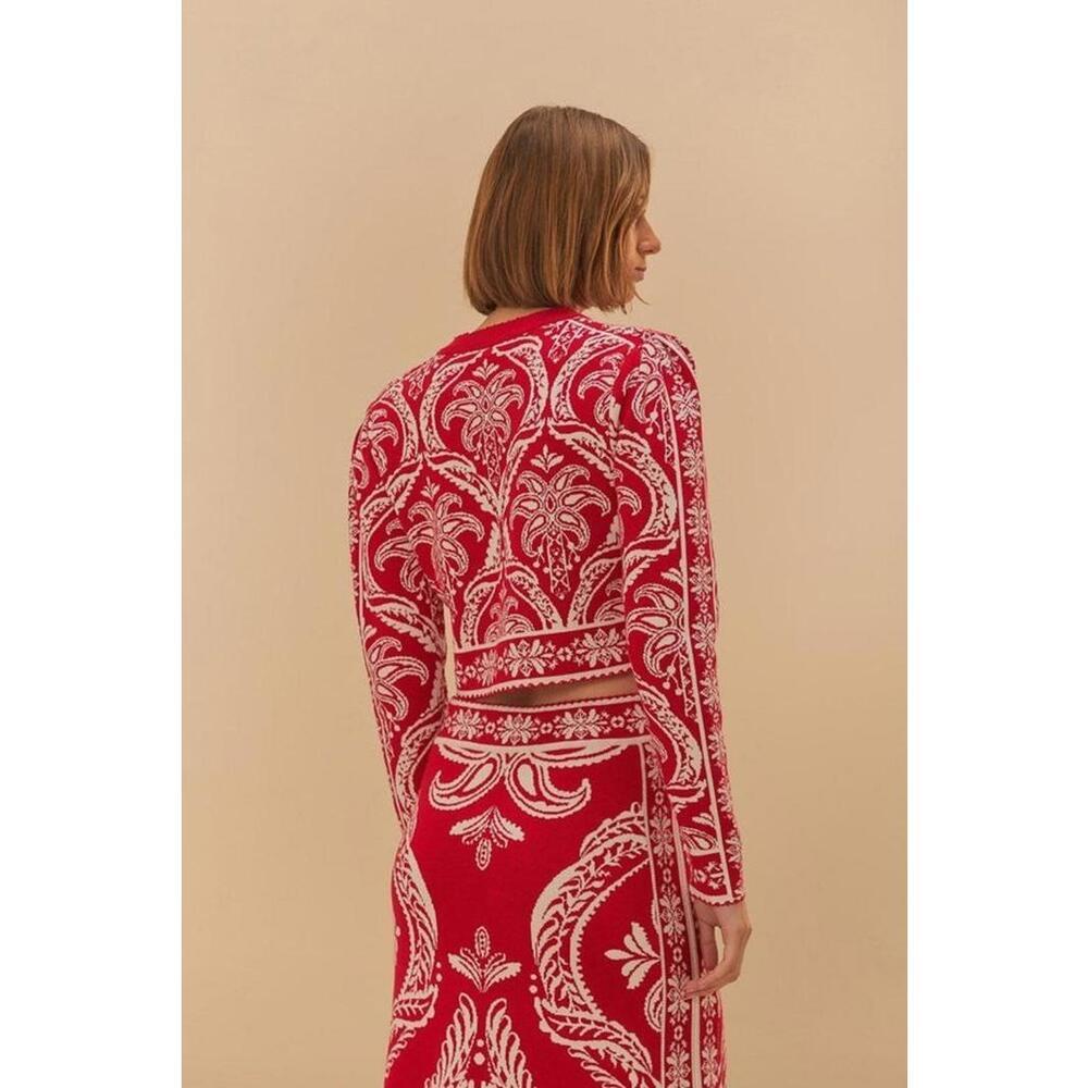 Farm Rio Red & Off White Tropical Jacquard Knit Cardigan Sweater Size XLarge - Picture 2 of 4